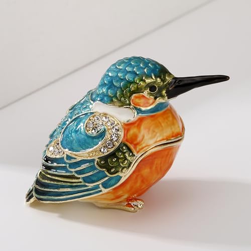 Hand Painted Enamel Kingfisher Trinket Box, Hinged Unique Mini Ring Necklace Jewelry Organizer, Classical Bejeweled Storage, Figurine Collectible Keepsake Home Decor (Kingfisher) - color: Kingfisher