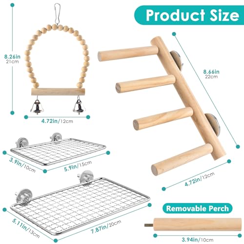 DBNESS 4Pcs Bird Perches Toys, Stainless Steel Perch Platform (2 Sizes), Natural Wood Parrot Climbing Ladder & Swing with Bell, Play Gym Cage Accessories for Budgie Cockatiel Lovebird Canary Conure