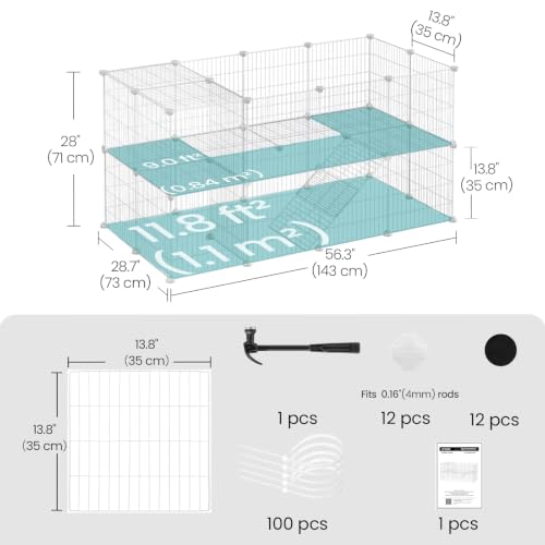 SONGMICS 36 Panels Pet Playpen, Small Animal Playpen, Rabbit Guinea Pig Cage, Zip Ties Included, Metal Wire Apartment-Style Two-Story Pet Premium Villa for Bunnies Puppies, Indoor Use, White ULPI02W - color: White, size: 56.3"L x 28.7"W x 28"H