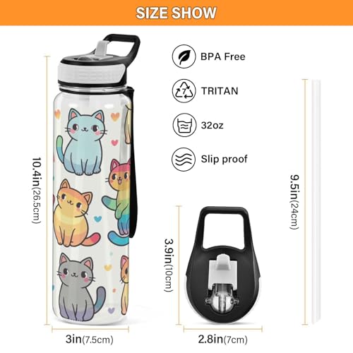 Rainbow Cute Cat 32 oz Water Bottle - Clear Tritan, BPA-Free, LeakProof with Carry Strap for Sports, Gym & Outdoor Activities - color: E483