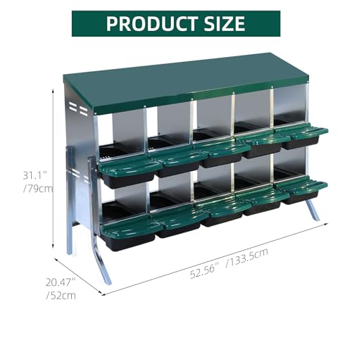 Chicken Nesting Box 10-Compartment – Roll Away Laying Boxes for Hens with Lid Cover & Egg Protection – Heavy Duty Red Poultry Nest Box - color: Green, size: 59.1"L x 23.6"W x 35.4"H
