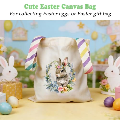 Easter Basket Bunny Canvas Tote Bag, 12.2x11 Inches, Natural Canvas, Hand-Carry, for Gift and Easter Egg Collection - color: C-bunny