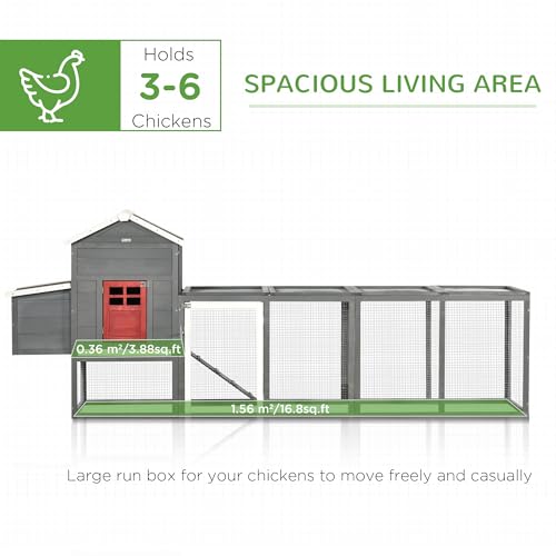 PawHut 118" Extra Large Chicken Coop Asphalt Roof for 3-6 Chickens Gray | Wooden Hen Run, Slide-Out Tray, Nesting Box, Hen Hutch - color: Gray