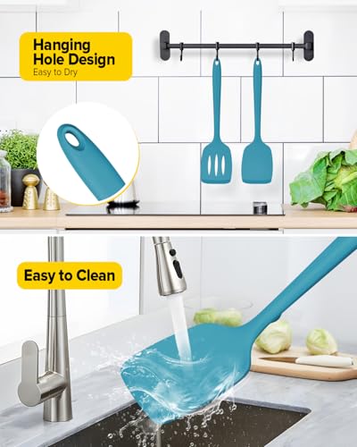 Pack of 2 Silicone Spatula Turners, Non Stick Slotted Kitchen Spatula Set, Heat Resistant BPA Free Kitchen Utensils, One-Piece Design, Suitable for Flipping Fish, Eggs, Steak, Pancakes(BLUE) - color: Blue