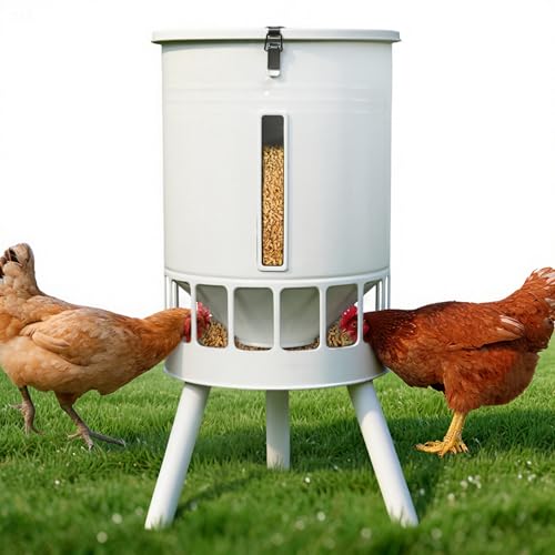 KOL 50LB Metal Chicken Feeder - No Waste, No Clog Design with 16 Ports & Smooth Gravity-Flow, Powder Coated Rust-Proof for Coop Use (Jade White) - color: Jade White