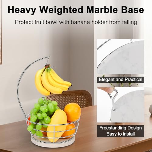 Livabber Countertop Fruit Basket Bowl with Banana Hanger, Modern Standing Fruit Vegetable Bowl Storage, with Banana Tree Holder for Kitchen Dinning Table (Round Marble, Chrome) - color: Chrome, style: Round Marble