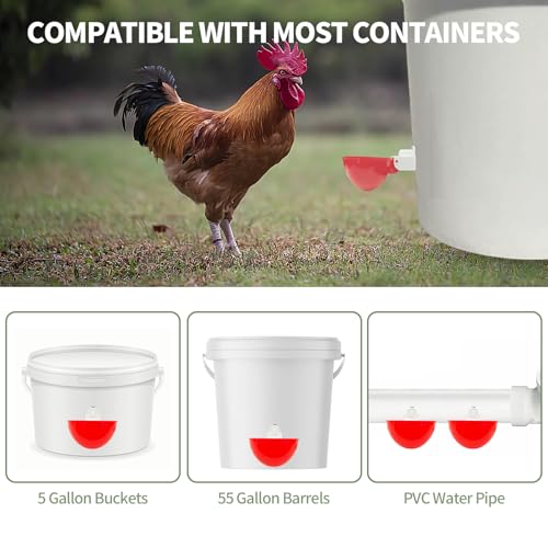 10PCS Chicken Waterer Cups, Red Automatic Poultry Watering Cups, Tee Fittings Poultry Waterer with Mounting Hole Opener,Ideal for Chicken Coop, Ducks, and Backyard Poultry