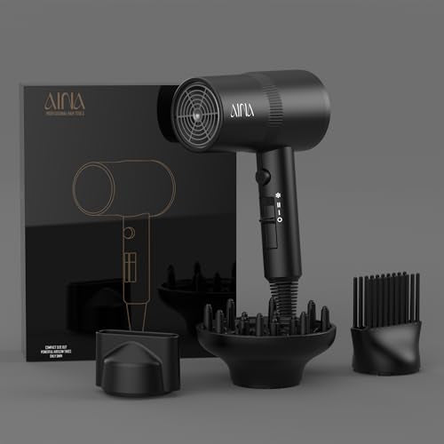 AINA Hair Dryer with Diffuser,Comb Full-Featured Blow Dryer 110V(Black) | 3 Heat/2 Speed;Cold shut button;Lightweight;Compact Size;High Temp;Low Airflow;Same Results;Less Expense - color: Vader Black, size: 4 Piece