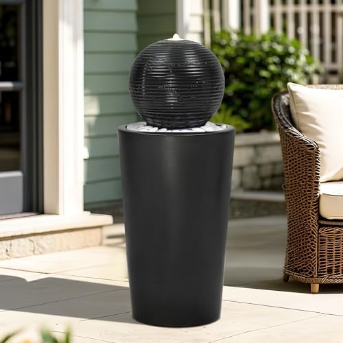 Autodaya 30"H Ceramic Sphere Water Fountain with LED Light for Garden Patio | Modern Minimalist Design, Black Glaze with White Pebbles, Soothing Trickling Water Feature, Artistic Charm, Tranquil Ambiance - color: 30"h Black
