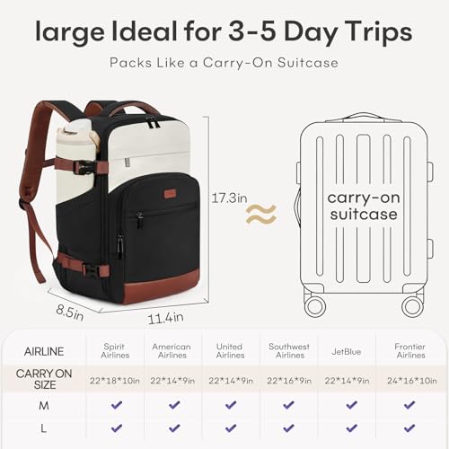 30L Travel Backpack for Women & Men: Flight Approved Carry On Backpack, TSA Personal Item Bag with Water Bottle Pocket, Weekender Essentials Backpacks fits 15.6" Laptop - Black White Brown - color: Black White Brown, size: Large