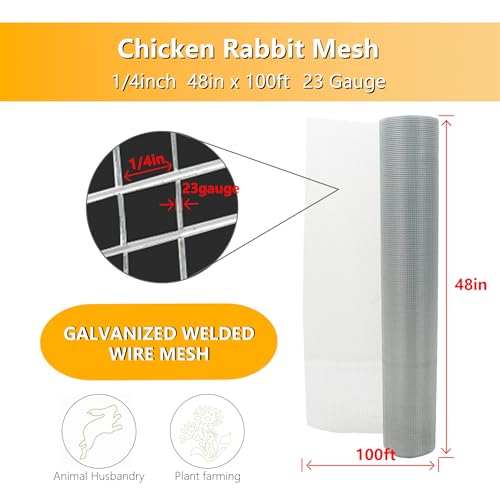 Hardware Cloth 48 in x 100 ft 1/4 in, Chicken Wire Fence (23 Gauge), Galvanized Welded Cage Wire Mesh Roll for Chicken Coop, Screen mesh, Rabbit Fence and Poultry Enclosures (Silver White) - color: Silver White, size: 1/4in 48in x 100ft