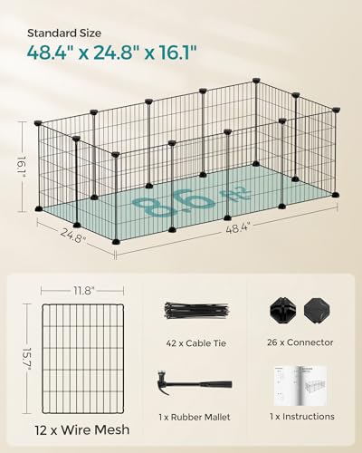 SONGMICS Pet Playpen, Small Animal Cage, Pet Fence with Cable Ties, DIY Metal Enclosure for Guinea Pigs, Hamsters, Rabbits, Hedgehogs, Black ULPI001B01 - color: Black, size: 48.4"L x 24.8"W x 16.1"H, style: 12 Panels