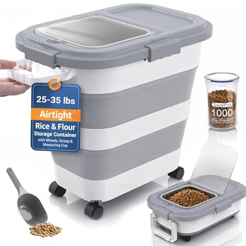 Home & Hearthly Collapsible Rice Storage Container 25–35 lbs, Airtight, Space-Saving Food Storage Bin with Wheels and Measuring Cup, Easy-Pour Grain Dispenser for Rice, Flour and Pet Food