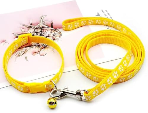 Yellow Puppy Collar and Lead Sets, XSmall Dog Collar and Lead Set Pawprint Adjustable Kitten Collar with Bell for Tiny Little XXS XS Extra Small Breed Pets Dogs Cats Girls Boys - color: Yellow