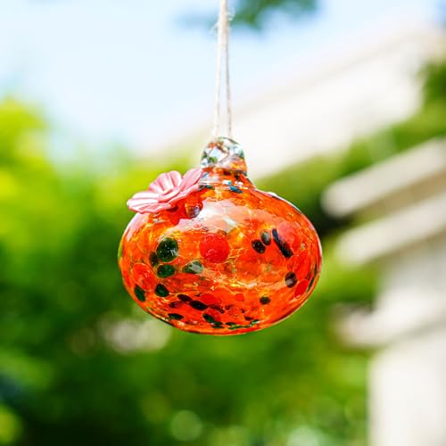 Mini Colorful Glass Hummingbird Feeders for Outside, Hand Blown Exquisitely Designed for Window Hanging with Two Feeding Ports, Great Gifts for Female Hummingbird Lovers - color: orange