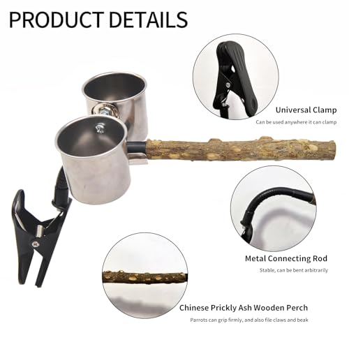 Bird Potty Training Stand with Trash Can Clip, Natural Wood Parrot Perch with 2 Stainless Steel Bowls for Cockatiels, Conures, Budgies, Lovebirds,4248-1