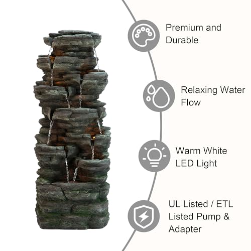 Glitzhome Outdoor Water Fountain, 9-Tiered Rock Floor Fountain with Cascading Water, 39.25" H Polyresin Waterfall Fountain with Pump and LED Light Outdoor Water Feature for Garden Yard Patio Porch - color: 9-tiered Rock