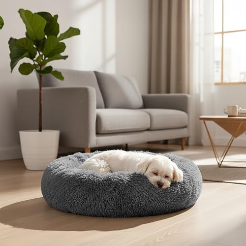 PetAmi Calming Donut Dog Bed, Washable Faux Fur, 23 Inch Small, Grey | Warm Shaggy Faux Fur and A Deep Nest Help Anxious Pets Curl Up and Sleep Soundly. Perfect for Puppies, Cats, and Rescues. - color: Gray, size: Small - 23"