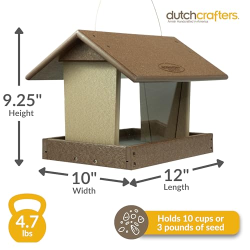 DutchCrafters Poly Hanging Hopper Bird Feeder, Large Hanging Bird Feeder for Outside, Outdoors - Amish American Made (Tudor Brown & Weatherwood) - color: Tudor Brown & Weatherwood, style: Hanging