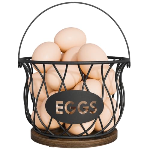 YINMIT Chicken Egg Basket, Round Egg Collecting Basket for Gathering Fresh Eggs, Farmhouse Wire Egg Basket with Handle, Egg Collector with Heavy Base for Kitchen Countertop