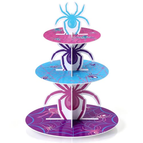 3 Tier Spider Cupcake Stand Decoration Pink Spider Cupcake Tower Purple Blue Spiderweb Table Decoration Hero Theme Dessert Holder Table Display for Hero Birthday Party Baby Shower Supplies - style: Fashional