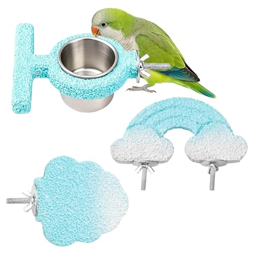 3pcsRainbow Cloud-Shaped Bird Perch Platform + Beak Conditioning Stone + Stainless Steel Feeder,Parrot Perch for Cage Volcanic Rock Mineral Bird Perch,for Parakeets,Cockatiels,Lovebirds（Blue） - color: H
