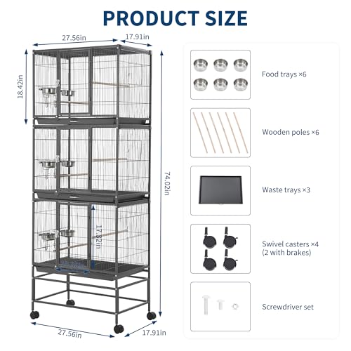 74 Inch Large Bird Cage, Large Flight Aviary with 3 Dividable Compartments for Parakeets Cockatiels Conures Finches, Heavy Duty Breeder Cage with Slide Out Trays for Multi Bird Homes, Black - color: Black