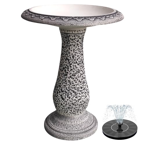 Pedestal Birdbath with Solar Fountain, Resin Stone Composite Outdoor Garden Decor, Standing Bird Bath for Outside Patio Yard, 23-Inch Tall, Garden Fountain, Resin Bird Baths, Hummingbird Bowl - color: Speckled White