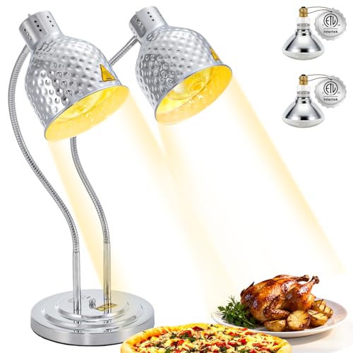 2-Head Food Heat Lamp, 500W Commercial Food Warmers, Silver | Keep Food Warm, Adjustable Heads, Portable Heat Lamp for Food, Food Warmers for Parties Buffet, Restaurant, Kitchen, Catering - color: Silver