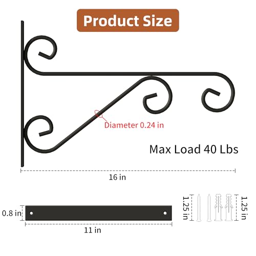 PROWORX 4 Pack 16 Inch Plant Hangers Outdoor Bracket, Indoor Wall Mount Metal Heavy Duty Rust-Resistant Bird Feeder Plant Hooks for Hanging Planters, Flower Baskets, Black - size: 16 Inch-4 Pcs