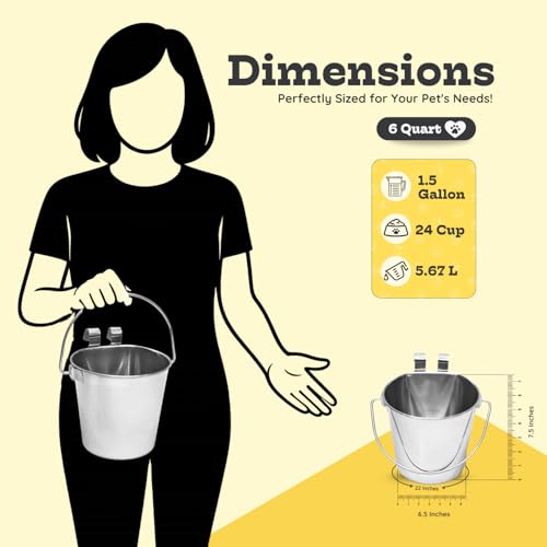 6 quart Stainless Steel Flat Sided Bucket with Dual Hooks | 1.5 gal Durable Food & Water Bowl for XL Dog Goat Sheep & Livestock | Fits kennel Cage Critter Crate | Hanging Utility Pet Pail - size: 6 Quart
