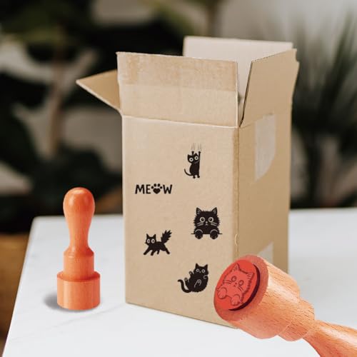 AHANDMAKER 5 Styles Cartoon Cat Patterns Wooden Rubber Stamps, Cute Cat and Claw Round Handle Stamps Mini Decorative Wooden Stamp for Scrapbooking Card Making Letter Diary Decoration(No Ink Include) - style: Cat