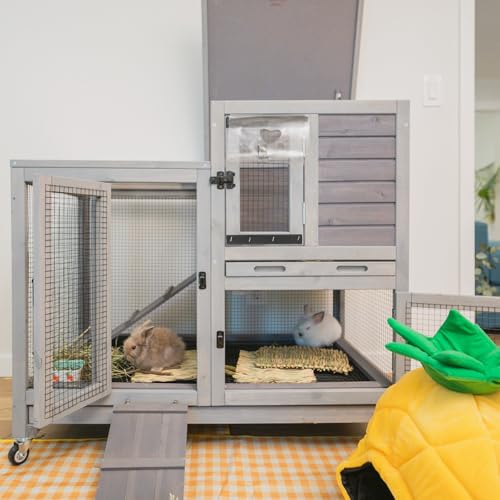 GUTINNEEN Rabbit Hutch Mobile Bunny Cage Indoor with Run Rabbit House for Small-Medium Animals with Waterproof Roof(Grey) - color: Grey