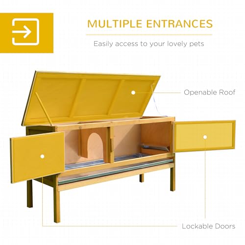 PawHut Wooden Rabbit Hutch Bunny Cage Openable Waterproof Roof for Rabbits | No Leak Tray, Solid Fir Wood Build, for Chickens, Ducks, Indoor/Outdoor