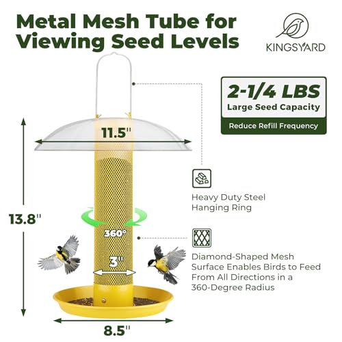 Kingsyard Finch Thistle & Nyjer Bird Feeder for Outdoors Hanging | 9.5" Rustproof Metal Removable Tray, 11.5" Weatherproof Dome, 2.5 lb Seed Capacity, Garden & Backyard Birding Gift, Yellow - color: Yellow