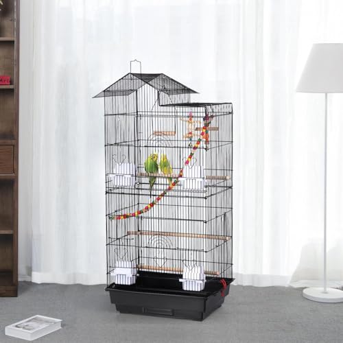 Yaheetech 39" Roof Top Flight Cage with Toys, Wrought Iron Bird Cage for Cockatiels, Conures, Lovebirds, Budgies & Small Birds - color: Black