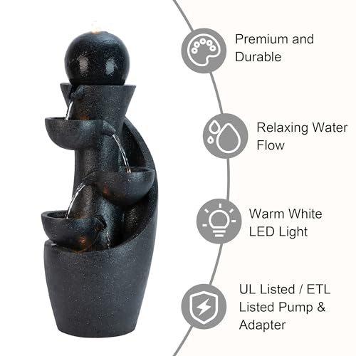 Glitzhome Outdoor Water Fountain with LED Light & Pump, Modern 5-Tier Bowl and Sphere Polyresin Outdoor Fountain, 33.5" Cascading Waterfall Fountain Water Feature for Porch Deck Patio Backyard Decor - color: 5-tier Bowls