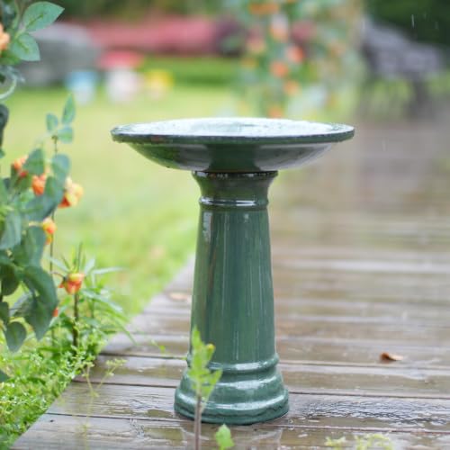 Ceramic Pedestal Bird Bath for Outside, 15 x 12 Inch, Green | Glazed Finish, Easy Twist-to-Lock Assembly - color: Green