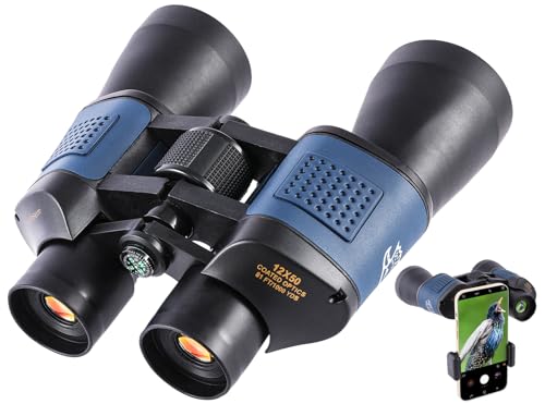 12x50 High Powered Binoculars - HD Low Light Vision for Bird Watching/Hunting/Cruise, Waterproof with Compass & Phone Adapter