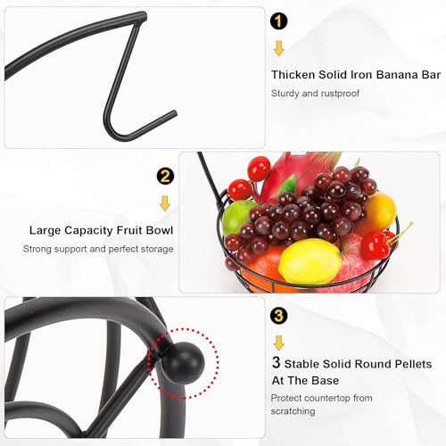 Livabber Countertop Fruit Basket Bowl with Banana Hanger, Modern Standing Fruit Vegetable Bowl Storage, with Banana Tree Holder for Kitchen Dinning Table (Round Metal, Black) - color: Black, style: Round Metal