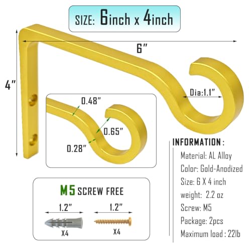 6inch Al-Alloy Hanging Plant Bracket Gold-Anodized 2 Pack | Rust-proof | Max 22lb Load | Shepherd Hooks | Hanging Bird Feeder, Lantern, Flower Basket, Outdoor Indoor, Screws & Anchors - color: Gold Anodized, size: 6in Aluminum Alloy