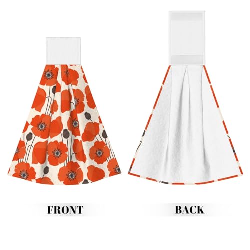Poppy Flower Hanging Kitchen Towels with Loop, Set of 2 | Soft absorbent microfiber • Quick drying • Hanging loop • Ideal for kitchen, bathroom & coffee bar - color: Red Poppy Flowers