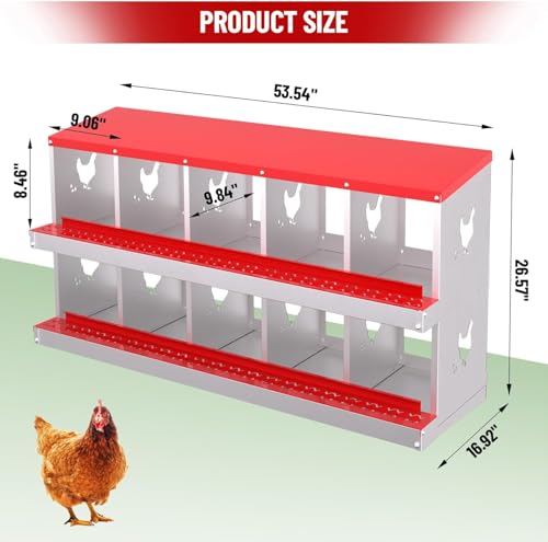 TrailBlaze Chicken Nesting Box 10 Compartments Laying Boxes, Metal Chicken Egg Laying Box with Rollout Egg Collection, Large Vented Holes Chicken Coop for Chickens, Hens (Red) - color: red, size: 10 holes