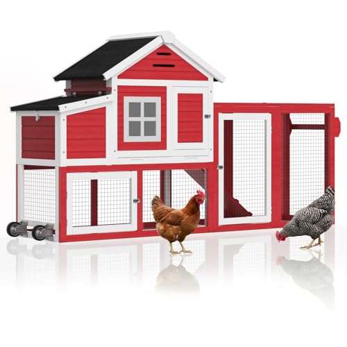 Chicken Coop with Run, Mobile Chicken Coop with Wheels for 4-6 Chickens, Large Outdoor Hen House with Nesting Box, Weatherproof Asphalt Roof, Pull-Out Tray for Small Animals in the Backyard - color: Red