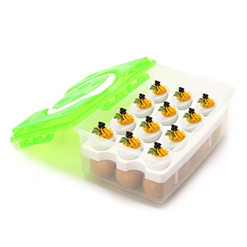 2 Tiers Egg Container Deviled Egg Carrier Eggs Holder with Handle Fridge Freezer Storage by DELIFUR (Green) - color: Green