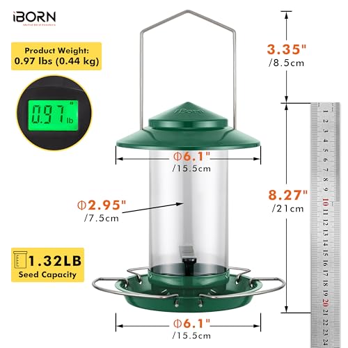Bird feeders for Outdoors Metal Chew Resistant Green,1PK | Metal Roof, Metal Tray, Fixed Hanger, Flip-Top Fill, 3 Perches, Easy-Clean, 1.32lb - color: Green, 1.5LB, 3 Perches