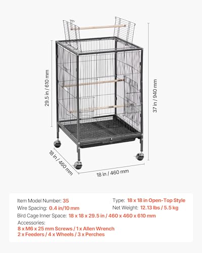 VEVOR Bird Cage, 18 x 18 x 30 inch, Open Flat Top, Wrought Iron Bird Flight Cage with Perches, Slide-Out Tray and Plastic Feeders, Casters, for Parrot, Blue Tit, Cockatiel, Canary, Budgerigar, Conure - size: 18.0"L x 18.0"W x 30.0"H