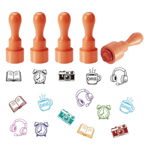 AHANDMAKER 5 Styles Mini Lifestyle Wooden Rubber Stamp, Small Book Alarm Clock Camera Coffee Cup Headphone Patterns Stamps for DIY Making Scrapbooking Card Stamping Pottery Clay Crafting - style: Lifestyle