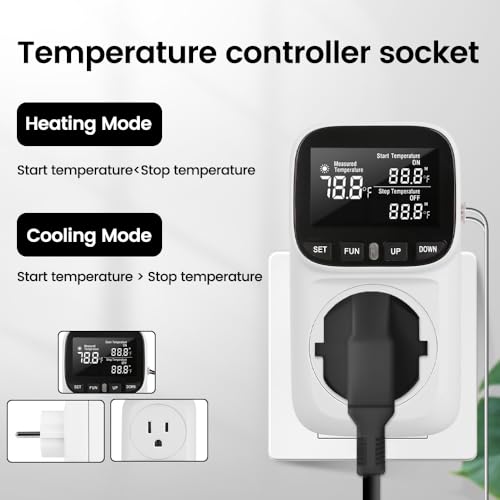 Diymore Digital Plug in Thermostat Outlet Temperature Controller Electric Digital Thermostat Heating Cooling Mode Timer Socket 120V Heating Cooling Control 110V 15A Celsius Fahrenheit Display, White - style: Modern