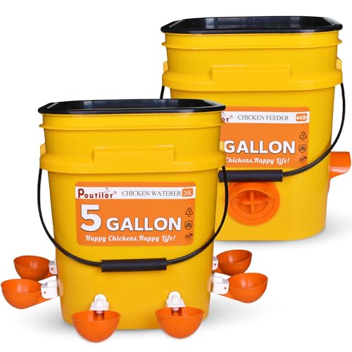 5 Gallon/44 Lbs Automatic Chicken Feeder & Waterer Set with Buckets, No Waste Feeder Port & Waterer Cup, Rain Proof Poultry Feeders, Keeps Out Small Animals, Ideal for Duck, Chick & Turkey